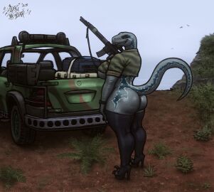 1girls 2023 2024 ambient_bird anthro ass big_ass big_breasts big_butt bird blue_(jurassic_world) boots bottomless bracelet breasts clothed clothing day digital_media_(artwork) dinosaur dromaeosaurid feet female footwear grin grinding grinning_at_viewer gun high_heeled_boots high_heels jurassic_park_(franchise) jurassic_world legwear looking_at_viewer looking_back_at_viewer narrowed_eyes non-mammal_breasts outside pupils ranged_weapon reptile reptile_humanoid scalie sharp_teeth signature sligarthetiger slit_pupils smile solo standing tail teeth theropod thick_thighs thigh_highs toes topwear underboob universal_studios weapon