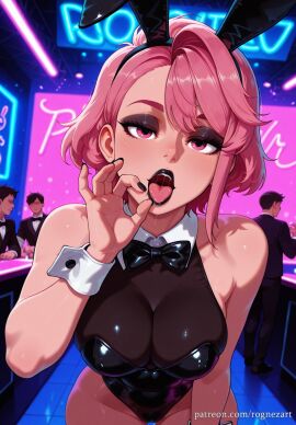 2025 3boys ai_generated animal_ears anime bangs bare_shoulders black_bow black_bowtie black_leotard black_nails bow bowtie breasts cat_ears cleavage crossover dandadan detached_collar eye_contact fake_animal_ears fellatio_gesture female female_focus highres huge_breasts large_breasts leaning_forward leotard looking_at_viewer makeup moaning multiple_boys nail_polish nsfw open_mouth oral_invitation patreon pink_eyes pink_hair playboy_bunny rabbit_ears rognezart saliva sexually_suggestive shiny shiratori_aira_(dandadan) short_hair solo solo_focus teeth tongue tongue_out wrist_cuffs