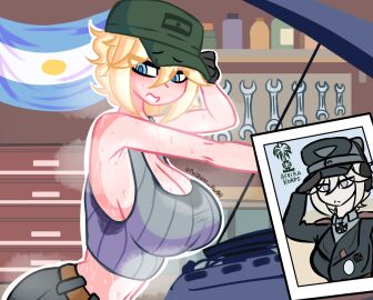 1girls argentina armpit_fetish armpits big_breasts blonde_hair blue_eyes blush breasts exposed_breasts female female_focus female_only german german_female heat looking_back mechanic military_uniform musk musk_clouds nazi nazi_uniform original poizon_fw04 steam steaming_body steamy_breath sweat sweatdrop sweating sweaty_body tank_top tanline tomboy white_skin