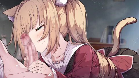 animal_ear_fluff animal_ears blonde_hair cat_ears cat_girl cat_tail censored closed_eyes clothed_female_nude_male commentary_request fellatio female highres jon_(pixiv31559095) male mosaic_censoring nude oral original penis solo_focus straight tail