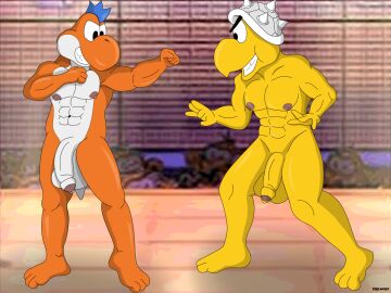 2boys anthro armor balls balls_outline big_balls big_nipples big_penis boots bulge ciel-wolf clothing detailed_bulge dinosaur dragon duo fighting_pose fighting_ring flaccid footwear foreskin furry furry_male furry_only genital_outline genitals headgear helmet hi_res ineffective_clothing ineffective_loincloth jr_troopa koopa koopa_troopa male male/male male_nipples mario_(series) muscular muscular_anthro muscular_male mythological_creature mythological_scalie mythology nintendo nipples orange_body orange_yoshi paper_mario paper_mario:_the_thousand_year_door penis penis_outline pose prehistoric prehistoric_species reptile scalie shoes teeth the_great_gonzales_jr thong tortoise turtle underwear white_eyes yellow_body yoshi