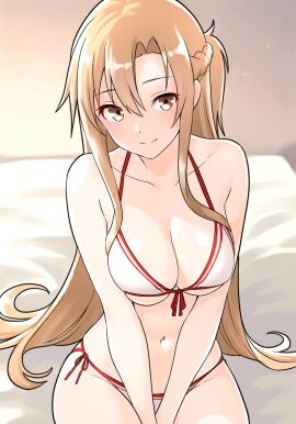 1girls absurd_res absurdres bare_arms bare_belly bare_chest bare_hands bare_hips bare_midriff bare_navel bare_shoulders bare_skin bare_thighs bare_torso bed belly belly_button bikini bikini_bottom bikini_only bikini_top blush blush_lines blushing_at_viewer blushing_female braid braided_hair breasts brown-eyed_female brown-haired_female brown_eyebrows brown_eyes brown_hair cleavage collarbone crown_braid curvy curvy_body curvy_female curvy_figure curvy_hips curvy_thighs dot_nose elbows female female_focus female_only furaggu_(frag_0416) groin hair_between_eyes half_naked hands_between_legs head_tilt high_resolution highres hourglass_figure legs light-skinned_female light_skin long_hair looking_at_viewer medium_breasts naked naked_female navel nude nude_female shoulders side-tie_bikini simple_background sitting sitting_on_bed slender_body slender_waist slim_female slim_waist smile smiling smiling_at_viewer solo string_bikini student swimsuit swimwear sword_art_online teenager thick_thighs thighs thin_waist tilted_head upper_body v-line white_bikini white_bikini_bottom white_bikini_only white_bikini_top white_string_bikini white_swimsuit white_swimwear wide_hips yuuki_asuna
