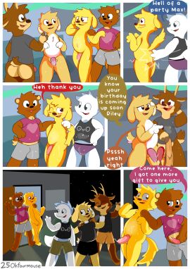 absurd_res anthro antlers ass bear bodily_fluids bottomless butt_slap canid canine canis clothed clothing clothing_pull cum cum_dripping_from_penis cum_on_belly cum_on_body cum_on_butt cum_on_clothing cum_on_face deer domestic_dog dragon embarrassed genital_fluids gesture group hi_res holding_clothing holding_object horn lagomorph leaving leporid male male/male mammal mythological_creature mythological_scalie mythology night ohfourmouse outside playful rabbit scalie slap spanking waving