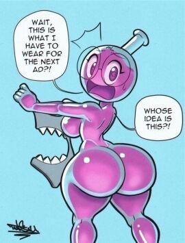 1girls ass ass_focus breasts dressing female flustered glass glasses millie_(tansau) nude nude_female swimsuit tansau tansau's_lab_stream text text_bubble thick_thighs thighs