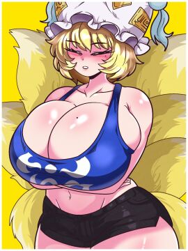 1girls 9_tails arms_crossed bare_shoulders bare_thighs big_breasts breasts closed_eyes female female_only fox fox_girl fox_tail hat huge_breasts light-skinned_female light_skin ran_yakumo seireiart shirt short_hair shorts simple_background solo stomach thick_thighs thighs touhou touhou_project white_skin yakumo_ran yellow_background yellow_hair