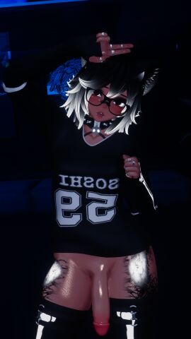 3d blush breasts collar female futanari garter_straps glasses intersex oversized_shirt pluto_mass self_upload selfie tattoo thighhighs thighs tongue tongue_out vrchat vrchat_avatar