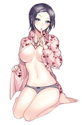 big_breasts black_hair breasts canon_genderswap chest_tattoo cleavage female female_only finger_to_mouth full_body genderswap genderswap_(mtf) grey_eyes heart_print inner_sideboob light-skinned_female light_skin no_bra one_piece open_shirt pale-skinned_female pale_skin panties rule_63 seiza short_hair shushing sitting solo striped_panties tattoo tattoos trafalgar_law trafalgar_law_(female) up_sanme wearing_others_clothes