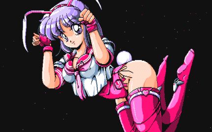 1990 1990s 1girls black_background boots breasts bunny_ears bunny_tail cleavage clothed clothing custom_(company) cyberblock_metal_orange female female_only fingerless_gloves game_cg gloves high_heel_boots hips light-skinned_female light_skin mika_(cyberblock_metal_orange) nipple_bulge pc88 pc98 pixel_art purple_eyes purple_hair school_uniform screenshot solo solo_female