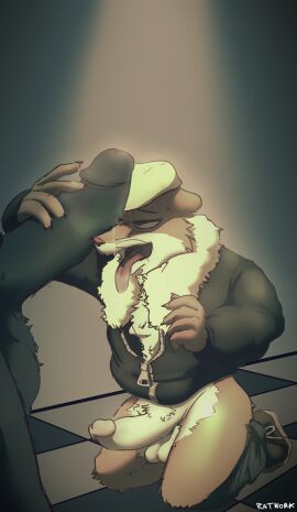 anthro balls blacksad bodily_fluids bottomwear bottomwear_down clothed clothing domestic_cat dripping duo erection felid feline felis floor footwear genitals hat headgear headwear hi_res jacket john_blacksad male male/male mammal mustelid musteline pants pants_down partially_clothed penis ratwork saliva saliva_drip saliva_on_penis shoes tile tile_floor tongue tongue_out topwear true_musteline weasel weekly whiskers zipper zipper_jacket