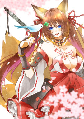 :d animal_ear_fluff animal_ears animal_tail bangs bare_shoulders bird bird_on_hand blue_eyes breasts brown_hair caleen_keemosn cleavage clothing clover detached_sleeves eyebrows_visible_through_hair female four-leaf_clover fox_ear fox_ears fox_girl fox_tail hair_ornament hair_ribbon holding kemonomimi kimono kitsunemimi large_breasts long_hair looking_at_viewer multi_tail nail_polish open_mouth ponyo_soa ribbon runes smile solo star_ocean star_ocean_anamnesis tail tails tattoo tied_hair traditional_clothes twintails very_long_hair wafuku weapon wide_sleeves