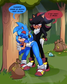 absurd_res anthro armor ass big_butt black_body black_fur blue_body blue_fur blush clothed clothing doggy_style duo english_text eulipotyphlan fan_character female female_penetrated footwear forest forest_background forest_sex from_behind_position fur gloves green_eyes hair handwear headgear hedgehog hi_res leotard male male/female male_penetrating male_penetrating_female mammal money money_bag nature nature_background penetration plant popful_mail sega selena_the_popful_hedgehog sex shadow_the_hedgehog shoes smile sonic_the_hedgehog_(series) tail teeth text thick_thighs tree white_clothing white_gloves white_handwear wide_hips xao_art
