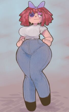 big_breasts big_hips bow breasts button_eye casual_clothes curvy female glitch_productions gooseworx jeans mom_jeans ragatha ragatha_(tadc) ragatha_(the_amazing_digital_circus) red_hair safe sfw spinarooz sweat sweating the_amazing_digital_circus voluptuous_female wide_hips