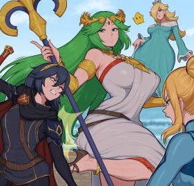 4girls abs afrobull alternate_breast_size battle blonde_hair blue_eyes blue_hair breasts clenched_teeth crossover female female_only fighting fire_emblem fire_emblem_awakening green_eyes green_hair highres human kid_icarus kid_icarus_uprising large_breasts long_hair lucina_(fire_emblem) luma mario_(series) medium_breasts metroid multiple_females multiple_girls nintendo open_mouth palutena princess_rosalina samus_aran small_breasts smile super_mario_galaxy super_smash_bros. teeth very_long_hair