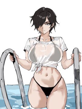 1girls bikini_under_clothes borrowed_character captain_tai female knotted_shirt madoka_(terasu_mc) original_character pool t- terasu_mc water wet wet_clothes wet_t-shirt