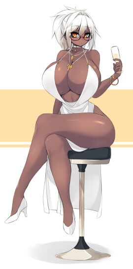 1girls big_breasts blushing blushing_at_viewer breasts cleavage dark-skinned_female dark_skin evening_gown female glasses heels high_heels huge_breasts legs_crossed looking_at_viewer megane orange_eyes original original_character ponytail sitting sitting_on_stool solo solo_female sub-res thick thick_thighs thighs white_hair wine wine_glass