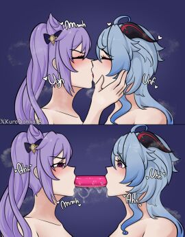 2girls deepthroat dildo dildo_deepthroat dildo_kiss double_dildo double_dildo_deepthroat female female_only ganyu_(genshin_impact) genshin_impact keqing_(genshin_impact) kissing kurodahlia18 looking_at_another open_mouth yuri