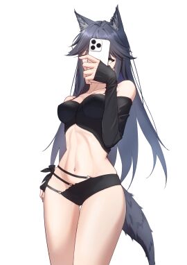 1girls 2d animal_ears arknights belly dconan_owo female female_only half_naked lingerie lingerie_only long_hair naked_selfie nipples nipples_visible_through_clothing phone selfie solo_female tail texas_(arknights) thick_thighs thighs