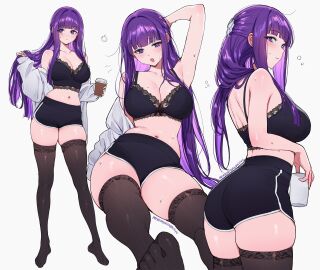 alternate_costume ass bare_shoulders black_bra black_shorts black_thighhighs blunt_bangs blush bra breasts cg cleavage closed_mouth cup dolphin_shorts feet female fern_(sousou_no_frieren) hair_ornament holding holding_cup large_breasts long_hair looking_at_viewer midriff multiple_views navel no_shoes open_clothes open_mouth purple_eyes purple_hair shirt short_shorts shorts simple_background sousou_no_frieren sweat thighhighs thighs underwear white_background white_shirt
