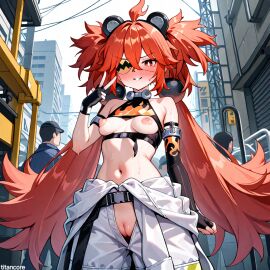 (titancore) ai_generated blush construction_site crowd curvy_figure cute_girl eyepatch female girl hair_ornament holding_breast jumpsuit koleda_belobog long_hair naughty_face naughty_girl puffy_nipples red_eyes red_hair showing_breasts showing_pussy small_breasts sweatdrop twintails video_game_character zenless_zone_zero