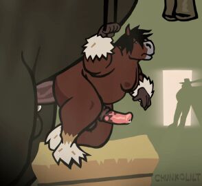 accessory anal animal_genitalia animal_penis animated anthro anthro_on_feral balls balls_slap belly big_penis black_hair bodily_fluids brown_body chunkolilt cock_ring duo equid equine equine_genitalia equine_penis farm farmer feral fur genital_fluids genitals hair hay hay_bale horse jewelry male male/male mammal penis penis_accessory penis_jewelry precum silhouette slap steam stomach_bulge white_body white_fur zoophilia