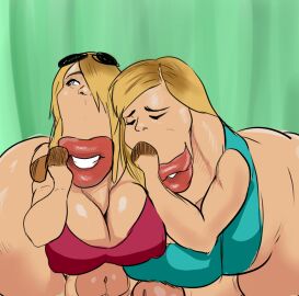 2020s 2023 big_breasts blonde_hair breasts capturetheflag closed_eyes clothing digital_media_(artwork) duo eyewear futanari genitals girls_laughing_(meme) green_background hair hi_res hooves intersex laugh lips looking_aside meme nipple_outline original penis queen's_stallion simple_background sunglasses thick_lips