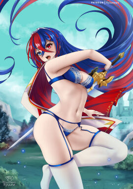 1girls alear_(fire_emblem) alear_(fire_emblem)_(female) bare_arms bare_shoulders blue_bra blue_eyes blue_hair blue_panties blue_sky bra commentary day female female_only fire_emblem fire_emblem_engage heterochromia highres holding holding_sword holding_weapon liberation_(fire_emblem) long_hair multicolored_hair nintendo open_mouth outdoors panties red_eyes red_hair revealing_clothes ryuuneart sky solo split-color_hair stockings suspenders sword thighhighs underwear underwear_only very_long_hair weapon white_thighhighs