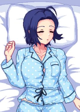 ahoge bed blue_hair blue_shirt breast_grab breasts closed_eyes cum female futanari grabbing lying miura_azusa nipples on_back open_clothes open_shirt paizuri pajamas panties penis pillow polka_dot short_hair sleep_molestation sleeping solo_focus tagme underwear video