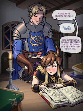 1boy 1girls 2024 ahoge amber_eyes annoyed annoyed_expression annoyed_face apprentice armor ass ass_job assjob bent_over bent_over_desk black_dress blonde_hair blue_eyes books borrowed_character breezebender brown_hair buttjob candle candlelight cape cape_aside closed_eyes cock crotchless desk dialogue dialogue_bubble dungeons_and_dragons eyes female from_behind from_behind_position gloves grinding half_plate holding_hip holding_hips light-skinned_female light-skinned_male light_skin long-haired_female long_hair looking_at_another looking_at_partner luccia_(breezebender) luccia_firebrand mage male mark_(doodlepoodle) markus_neverember medieval medieval_fantasy nervous nervous_face nervous_smile nervous_sweat neverwinter_eye night nylons open_book original original_character pantyhose pantyhose_texture pauldrons penis penis_on_ass plate_armor precum precum_drip precum_on_penis purple_dress reading reading_book ripped_clothing ripped_pantyhose self_upload side_bangs skindentation speech speech_bubble speech_bubbles spell_book stack_of_books sweat sweatdrop tales_from_the_tables text text_bubble tight_clothing tights tome torn_clothes torn_clothing torn_pantyhose two-tone_hair unamused wizard