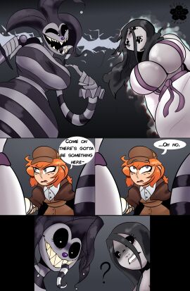 3girls blossonflower chuckles_(blossonflower) clown_girl commission female ghost_girl imminent_rape imminent_sex jester_outfit kanako_(benasti) miedosa_(benasti) monster_girl original original_character tagme voluptuous_female