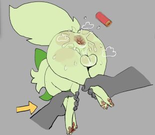 anal_fluids anus ass balls bodily_fluids cheek_tuft directional_arrow duo facial_tuft felid feline feral fingers fur generation_9_pokemon genitals green_body green_fur green_tail grey_background hi_res human male male_only mammal nintendo pokemon pokemon_(species) postal_(series) quadruped raised_tail shell_(projectile) shotgun_shell simple_background skeleton265 solo_male sprigatito sweat tail tuft