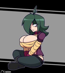 1girls 2024 amorde_despee animated animation bandage bandaged_arm bandages big_breasts breasts female green_hair jiggle jiggling_breasts light-skinned_female light_skin original original_character pooterstapot pose posing_for_the_viewer seductive seductive_look seductive_smile simple_background smile smiling smiling_at_viewer smirk smirking smirking_at_viewer solo solo_female solo_focus