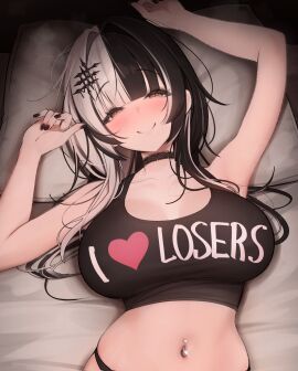 absurdres bare_arms bed_sheet black_choker black_hair black_panties black_tank_top blunt_bangs breasts choker cleavage closed_mouth clothes_writing commentary crop_top english_commentary female grey_hair head_on_pillow highres hololive hololive_english lace-trimmed_choker lace_trim large_breasts long_hair looking_at_viewer lying midriff multicolored_hair navel navel_piercing on_back panties piercing pillow prab shiori_novella smile solo split-color_hair tank_top underwear upper_body virtual_youtuber yellow_eyes