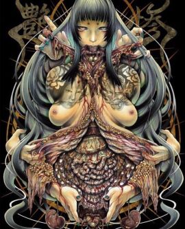 black_hair blue_eyes breasts commentary_request disembodied_hand disembodied_hands entrails female gore guro heterochromia highres injury long_hair looking_at_viewer medium_breasts meimaro nipples nude organs original painting_(medium) solo tattoo teeth traditional_media very_long_hair white_eyes