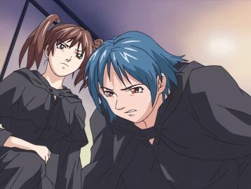 00s 2001 2girls amatsuki_jun animated bible_black bible_black_night_of_the_walpulgiss blue_hair brown_hair female kurimoto_maki multiple_girls praying red_eyes ritual robe short_hair tagme twintails yellow_eyes