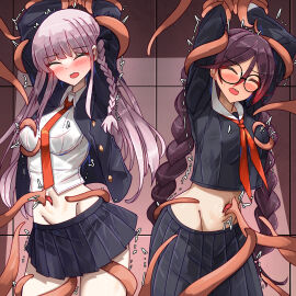 2girls arms_up bakasp-lilzy black_hair black_jacket black_ribbon black_skirt blush bound bound_arms braid collared_shirt cowboy_shot danganronpa danganronpa:_trigger_happy_havoc danganronpa_(series) female frown fukawa_toko fukawa_touko glasses grey_hair groin hair_ribbon highres jacket kirigiri_kyoko kirigiri_kyouko long_hair long_sleeves miniskirt multiple_females multiple_girls navel necktie open_clothes open_jacket orange_necktie pleated_skirt restrained ribbon round_eyewear shirt side_braid skirt tentacle tentacle_sex twin_braids twintails white_shirt