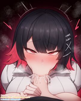 1futa 1girls :>= belle_(zenless_zone_zero) black_hair blush breasts bright_pupils censored colored_inner_hair commentary_request cum cum_in_mouth cum_on_body cum_on_penis ellen_joe ellen_joe_(on_campus) fellatio female futa_on_female futa_pov futa_with_female futanari hair_ornament hand_on_another's_crotch heart highres intersex large_breasts looking_at_viewer mole mole_under_eye mosaic_censoring multicolored_hair multiple_females multiple_girls multiple_moles oral penis pov pov_crotch razor_blade_hair_ornament red_background red_eyes red_hair rikuguma rolling_eyes shirt short_hair steam swept_bangs twitching two-tone_hair white_pupils white_shirt x_hair_ornament zenless_zone_zero