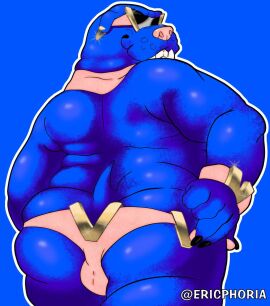 anthro blue_body blue_fur bulldog canid canine canis clothing domestic_dog ear_piercing ericphoria eyewear fur glasses gold_(metal) hi_res looking_at_viewer looking_back looking_back_at_viewer male mammal mastiff molosser overweight piercing short slightly_chubby solo thong underwear