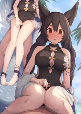 1boy animal_ears bare_shoulders black_hair black_one-piece_swimsuit blush braid breasts brown_eyes censored cleavage erection erune female granblue_fantasy grinding highres large_breasts long_hair looking_at_viewer lypele male multiple_views nier_(granblue_fantasy) nier_(lover_by_the_lily_lake)_(granblue_fantasy) one-piece_swimsuit parted_lips penis sitting sitting_on_person straight swimsuit thigh_sex thighs twin_braids