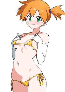 asymmetrical_hair bangs bare_shoulders bikini bikini_bottom blush breasts clavicle closed_mouth clothing ecgg_(tsuji418477) elbow_gloves female female_only gloves gold_bikini gold_swimsuit green_eyes hands_up high_resolution kasumi_(pokemon) large_breasts looking_at_viewer medium_breasts micro_bikini navel orange_hair pokemon pokemon_character ponytail shiny shiny_skin short_hair side-tie_bikini side-tie_bikini_bottom side-tie_clothing side-tie_swimsuit side_ponytail simple_background smile solo standing stomach string_bikini swimsuit thighs tied_hair white_background white_gloves yellow_bikini yellow_swimsuit