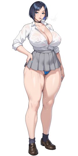 1girls 2025 2d bare_legs big_breasts black_choker blue_eyes blue_hair blue_panties breasts cameltoe child_bearing_hips choker cigarette cigarette_in_mouth cleavage collarbone collared_shirt covered_nipples curvaceous curvy curvy_body curvy_female curvy_figure eyebrows_visible_through_hair female footwear full_body grey_shirt gyaru high-waist_skirt hourglass_figure light-skinned_female light_skin loafers looking_at_viewer micro_panties miniskirt mole mole_on_pussy mole_under_eye nail_polish nanabe_78 narrow_waist original original_character panties pleated_skirt puffy_areola pussy school_uniform schoolgirl see-through see-through_shirt shirt shirt_tucked_in shoes short_hair simple_background slim_waist smoking socks socks_and_shoes standing sweat sweatdrop sweating thick_thighs thighs voluptuous voluptuous_female wet wet_body white_shirt wide_hips