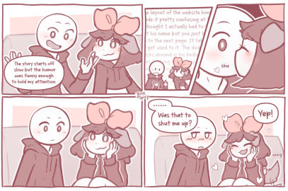 1boy 1girls 2d blush comic cute dialogue english_text female heart humor justspicy kiss kissing male mishy_(justspicy) no_sex pink_background rambling reference tail talking text wholesome