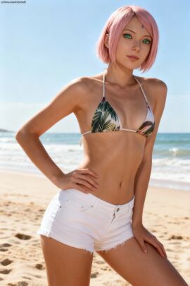 1girl 1girls 3d ai_generated beach bikini female female_focus female_only naruto naruto_(series) naruto_shippuden pink_hair realistic sakura_haruno sexyexxchi short_hair shorts solo thighs woman