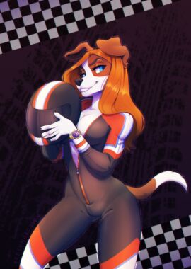 2018 blue_eyes bodysuit breasts brown_background brown_fur canine checkered_background checkered_flag cleavage female female_only furry grace_(allriane) helmet jack_russell_terrier long_hair looking_away orange_hair original original_character racing_helmet racing_suit redsunatdawn thighs tire_marks white_fur