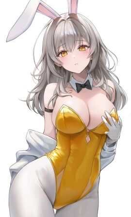 1girls absurd_res absurdres arm_behind_back armband belly belly_button black_armband black_bowtie blush blush_lines blushing_at_viewer blushing_female bowtie breasts bunny_ears bunny_girl bunnygirl_outfit cleavage collar collarbone curvy curvy_body curvy_female curvy_figure curvy_hips dot_nose embarrassed embarrassed_female eyebrows_visible_through_hair female female_focus female_only fingers gloves grey-haired_female grey_eyebrows grey_hair groin hair_between_eyes hand_behind_back hand_on_breast hand_on_chest hand_on_own_breast hand_on_own_chest head_tilt high_resolution highres honkai:_star_rail honkai_(series) hourglass_figure hoyoverse iro_(iro_252_) jacket large_breasts legs legs_together legwear leotard light-skinned_female light_skin long_hair looking_at_viewer mihoyo navel pantyhose parted_lips shoulders simple_background slender_body slender_waist slim_female slim_waist solo standing stelle_(honkai:_star_rail) thick_thighs thigh_gap thighs thin_waist tilted_head trailblazer_(honkai:_star_rail) upper_body v-line white_background white_bunny_ears white_collar white_gloves white_jacket white_legwear white_pantyhose wide_hips yellow-eyed_female yellow_bunnysuit yellow_eyes yellow_leotard