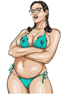 1girls areola_slip areolae artemisyolanda belly big_belly bikini black_hair breasts female gigantic_breasts lactation lactation_through_clothes nipple_bulge pregnant solo stretch_marks