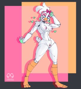 animatronic anthro areola avian beak bird blue_eyes breasts chicken clothing ear_piercing eyelashes eyeshadow facial_markings feathers female fingerless_gloves five_nights_at_freddy's five_nights_at_freddy's:_security_breach front_view galliform gallus_(genus) genitals glamrock_chica_(fnaf) gloves green_clothing green_gloves green_handwear grey_background handwear head_feathers head_markings head_tuft heart_symbol hi_res machine makeup markings nipples nude orange_background phasianid piercing pink_areola pink_background pink_bow pink_eyeshadow pink_nipples pussy robot scottgames simple_background small_breasts smile solo steel_wool_studios thick_thighs tuft vulva white_body white_feathers wide_hips zhenai