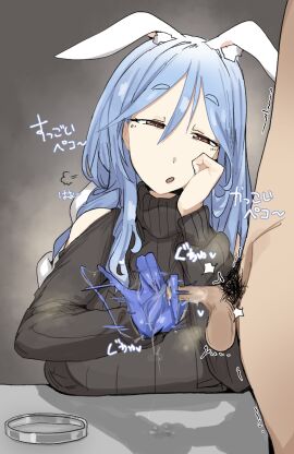 1boy 1girls animal_ears blue_glove blue_hair blue_nails bored breasts breasts_on_table bunny_ears bunny_girl censored clothed_female_nude_male eyebrows_visible_through_hair female glove gloved_handjob hairy hairy_male handjob hololive hololive_fantasy hololive_japan holomilfs huge_breasts japanese_text leebongchun light-skinned_female light-skinned_male light_skin lips lipstick long_fingernails long_fingers long_hair looking_at_penis male male_pubic_hair milf mosaic_censoring orange_eyes pale-skinned_female pale_skin pekomama penis petri_dish precum pubic_hair shoulderless_sweater small_penis small_penis_adoration sweater text thin_fingers tremble_spikes trembling trembling_penis turtleneck virtual_youtuber