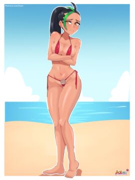 1girls azex bare_arms bare_legs bare_shoulders bare_thighs beach big_breasts bikini bikini_bottom bikini_top black_hair blush breasts brown_eyes cleavage clothed clothing color embarrassed female female_focus female_only game_freak hi_res large_breasts light-skinned_female light_skin long_hair looking_at_viewer nemona_(pokemon) nintendo pokemon pokemon_champion pokemon_sv pokemon_trainer revealing_clothes sand sea skimpy_clothes solo solo_female tagme thick_thighs water