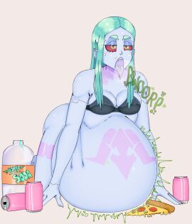 1girls ahe_gao ass belly_overhang big_ass big_belly big_breasts big_butt bottomless breasts burping clothing crumbs curvaceous curvy curvy_figure cyberpunk:_edgerunners eyes_rolling_back female female_only food goblitch green_eyes huge_ass long_hair mostly_nude narrowed_eyes open_mouth overeating pizza rebecca_(edgerunners) red_sclera saliva saliva_string soda soda_can solo solo_female tagme teal_hair tongue tongue_out voluptuous vore