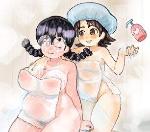 2024 2girls 2x adeleine bath bathing bathing_together big_breasts black_hair breasts brown_eyes chubby chubby_female fairy_queen female female_only glasses inverted_nipples kirby_(series) kirby_64 multiple_females multiple_girls nintendo nipples nipples_visible_through_clothing one_eye_closed pubic_hair purple_eyes queen_ripple semi_nude shower showering steam twin_braids wet